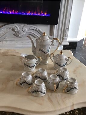 Vintage Elegant White and Gold Porcelain Tea Set - 9 Piece